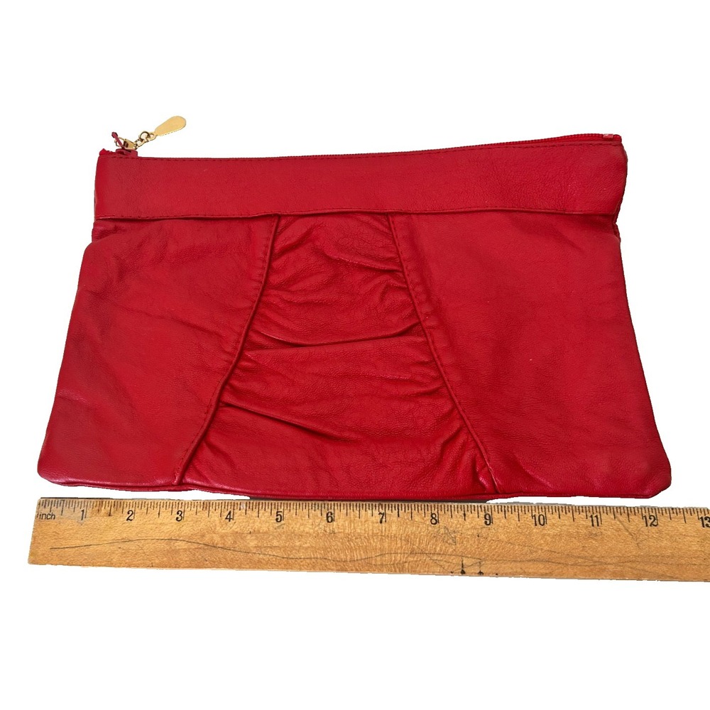 1980s Vintage Italian Red Leather Envelope Clutch Bag Ruched Slouchy Top Zip NOS - Picture 7 of 8
